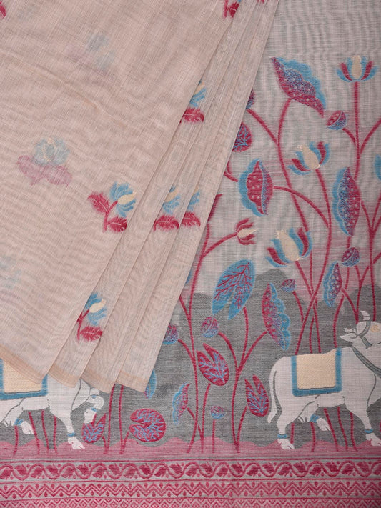 Beige Dhakai Jamdani Cotton Viscose Saree with Cows and Plants Pallu Design dj0254