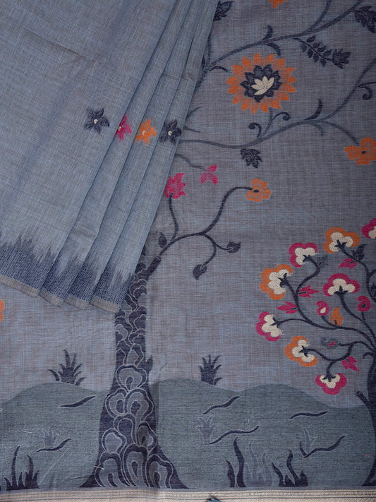 Grey Dhakai Jamdani Cotton Viscose Saree with Tree Pallu Design dj0255