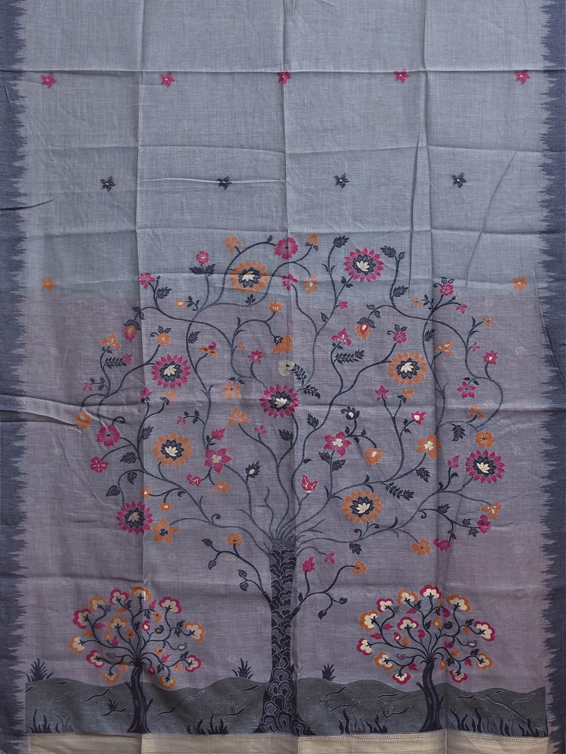 Grey Dhakai Jamdani Cotton Viscose Saree with Tree Pallu Design dj0255