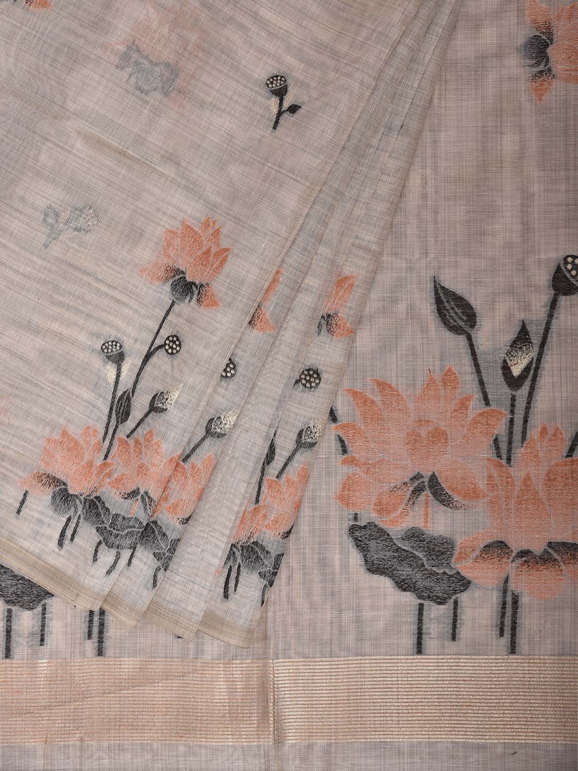 Beige and Orange Dhakai Jamdani Cotton Viscose Saree with Lotus Pallu and Border Design dj0256