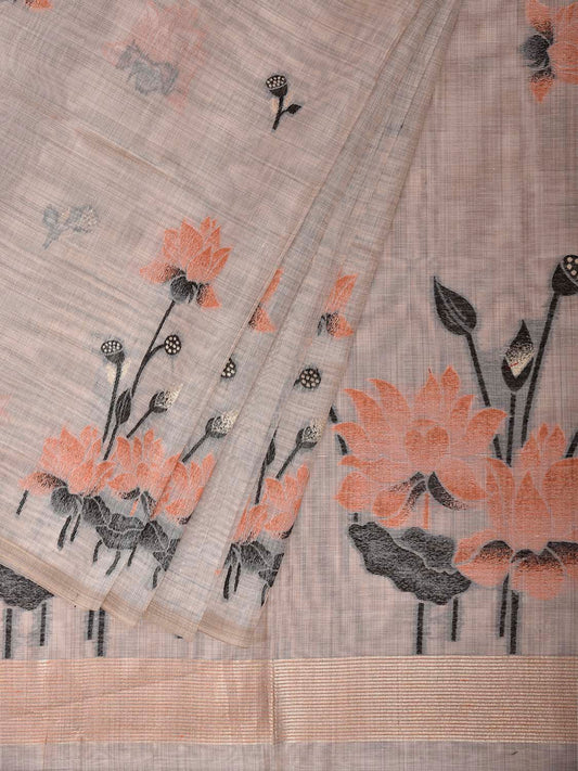 Beige and Orange Dhakai Jamdani Cotton Viscose Saree with Lotus Pallu and Border Design dj0256