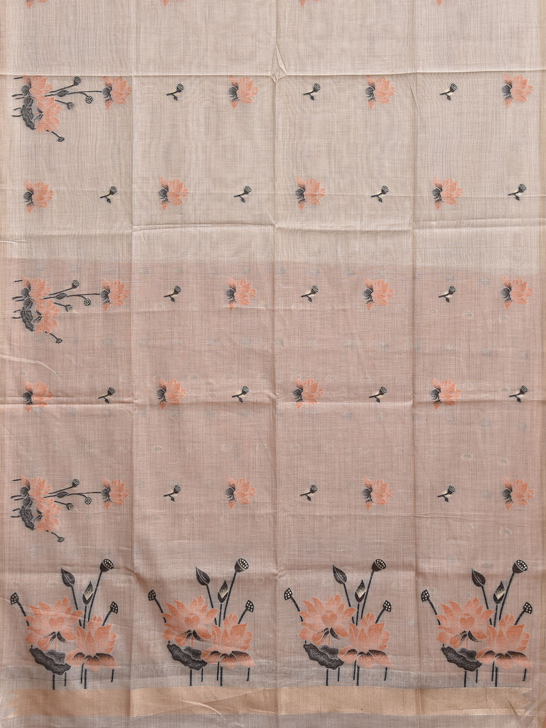 Beige and Orange Dhakai Jamdani Cotton Viscose Saree with Lotus Pallu and Border Design dj0256