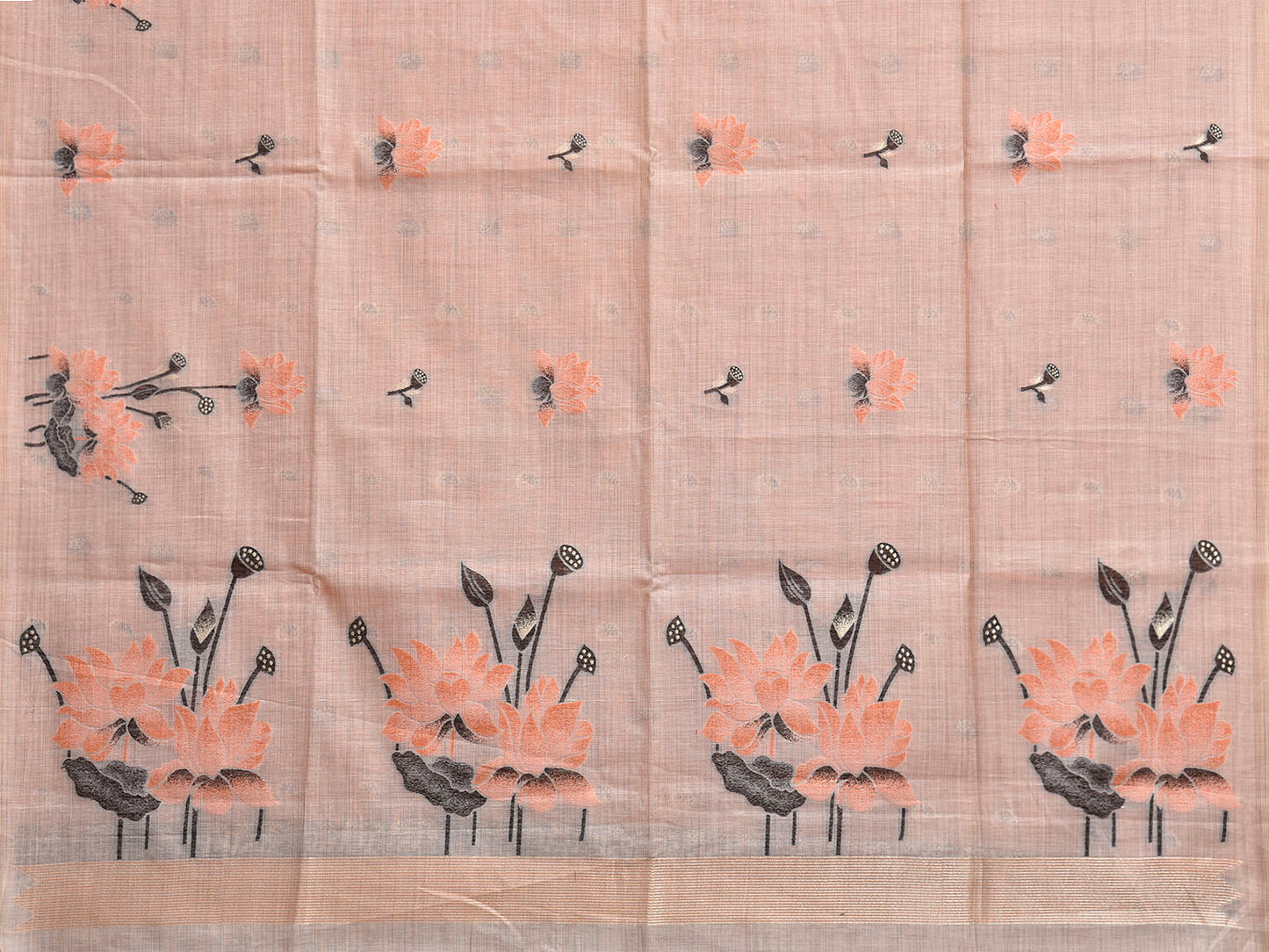 Beige and Orange Dhakai Jamdani Cotton Viscose Saree with Lotus Pallu and Border Design dj0256