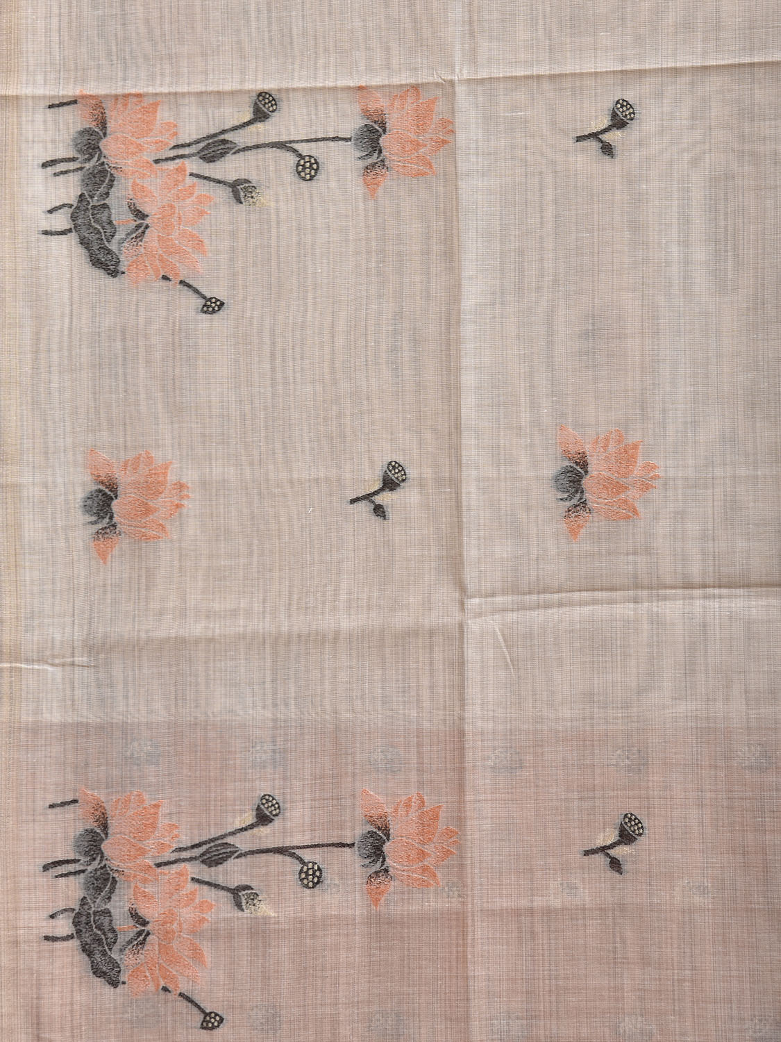 Beige and Orange Dhakai Jamdani Cotton Viscose Saree with Lotus Pallu and Border Design dj0256