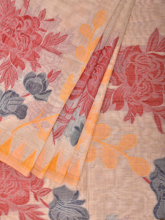 Cream and Yellow Dhakai Jamdani Cotton Viscose Saree with Floral Pallu and Border Design dj0257