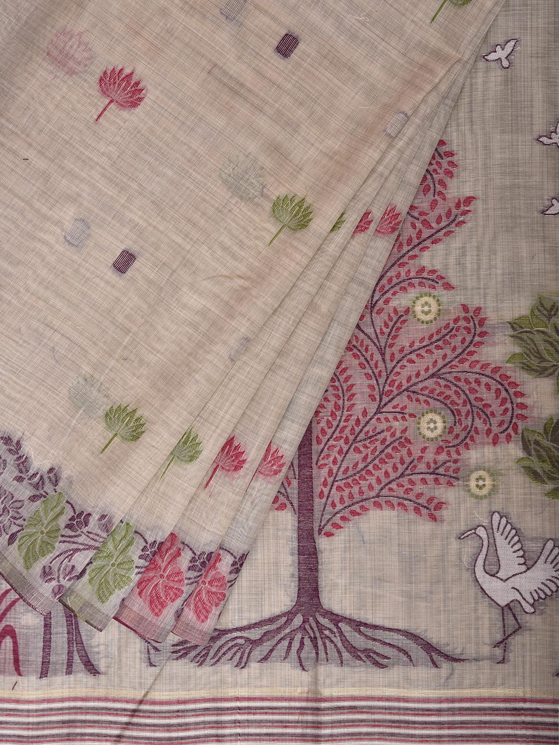 Beige Dhakai Jamdani Cotton Viscose Saree with Floral Pallu and Border Design dj0258