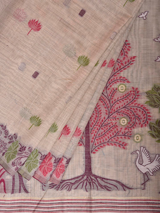 Beige Dhakai Jamdani Cotton Viscose Saree with Floral Pallu and Border Design dj0258