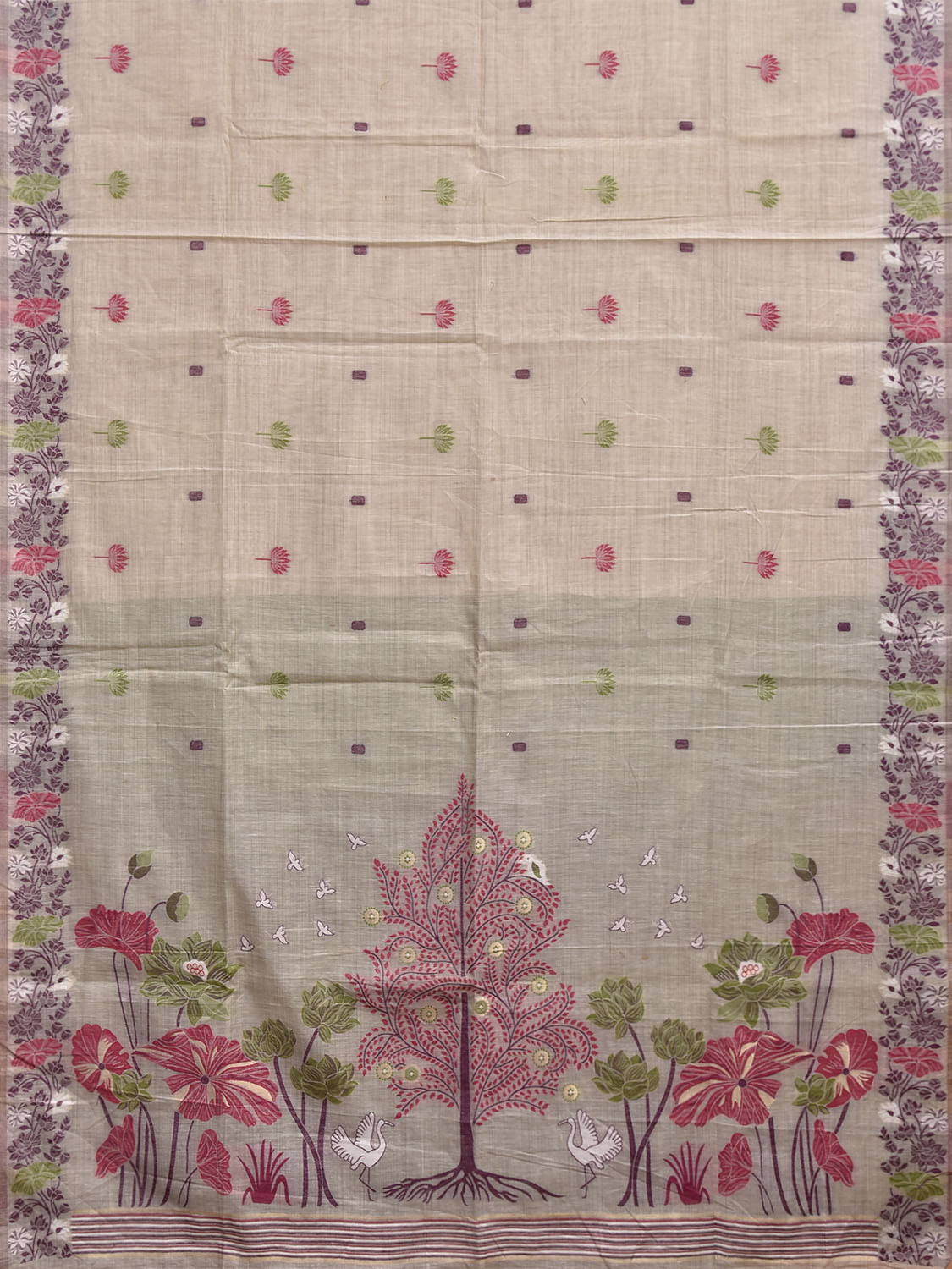 Beige Dhakai Jamdani Cotton Viscose Saree with Floral Pallu and Border Design dj0258