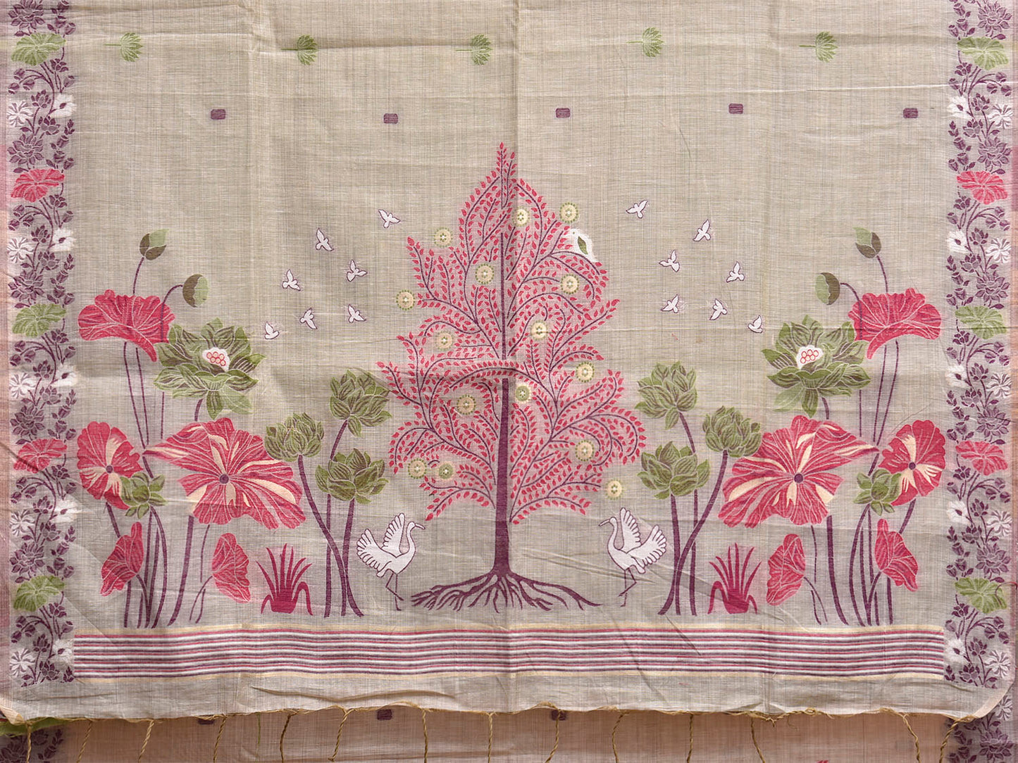 Beige Dhakai Jamdani Cotton Viscose Saree with Floral Pallu and Border Design dj0258