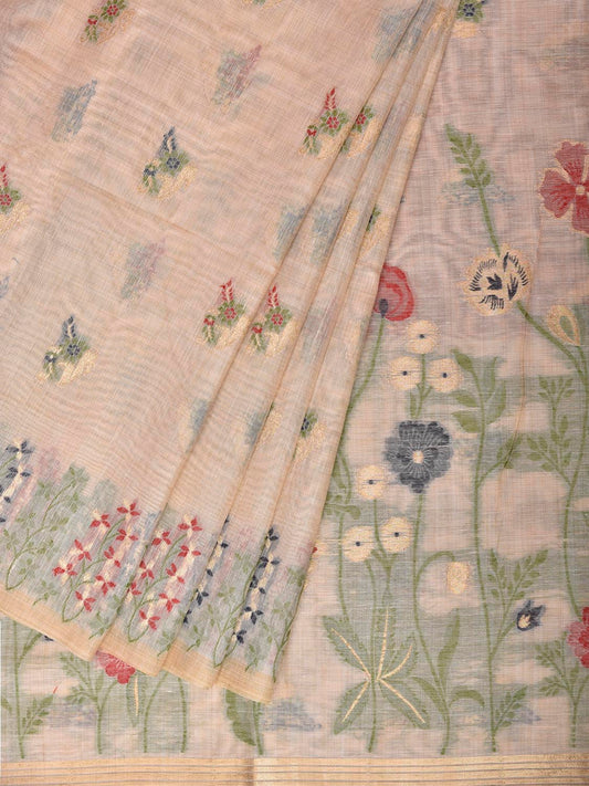 Cream Dhakai Jamdani Cotton Viscose Saree with Floral Pallu and Border Design dj0259