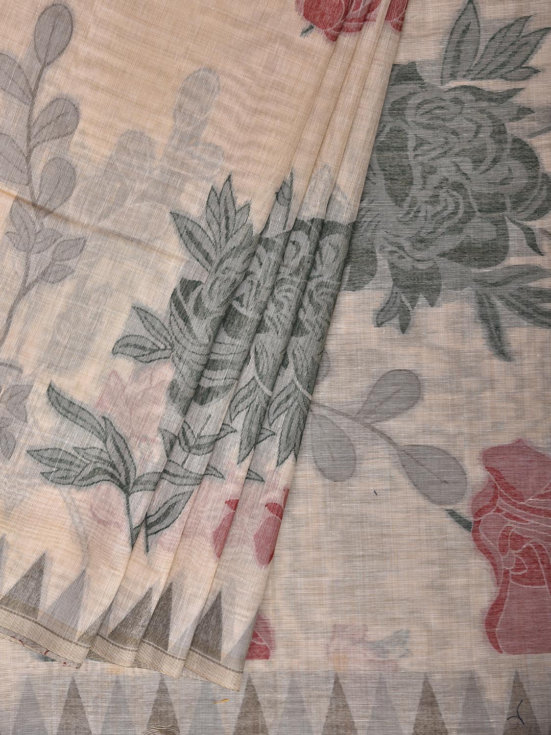 Cream Dhakai Jamdani Cotton Viscose Saree with Floral Pallu and Border Design dj0260