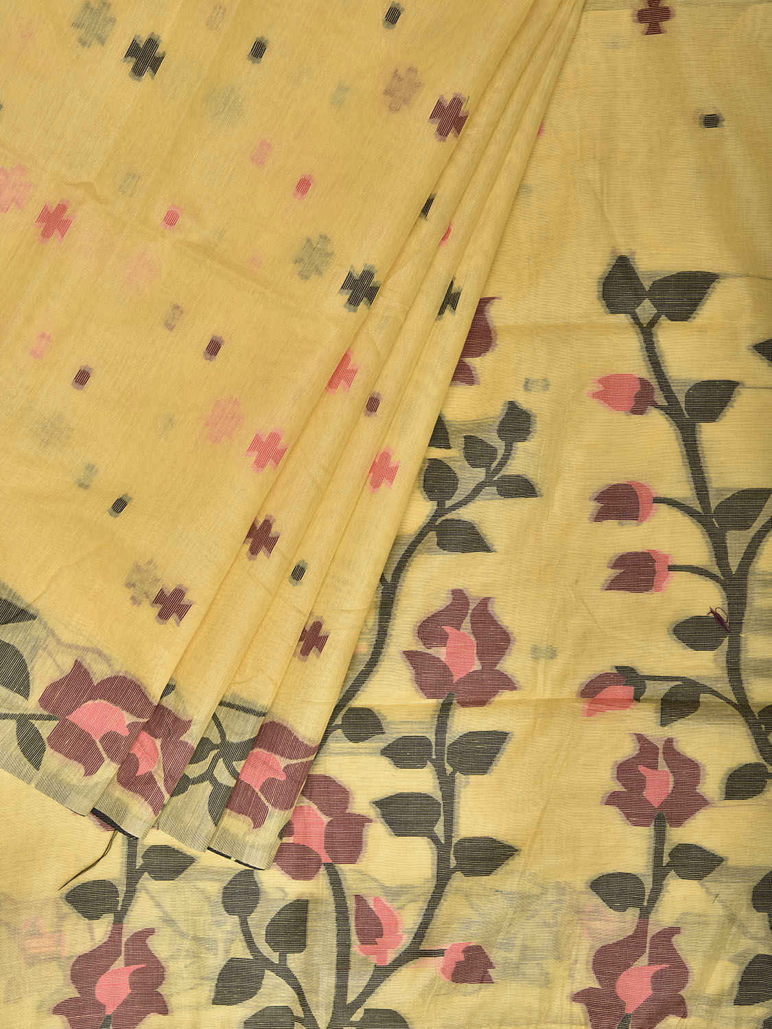 Yellow Dhakai Jamdani Cotton Viscose Saree with Floral Pallu and Border Design dj0261