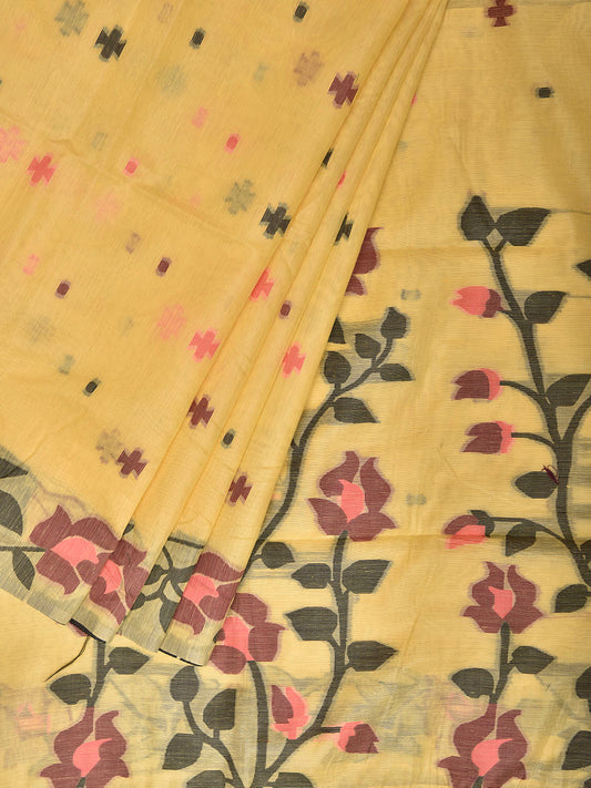 Yellow Dhakai Jamdani Cotton Viscose Saree with Floral Pallu and Border Design dj0261