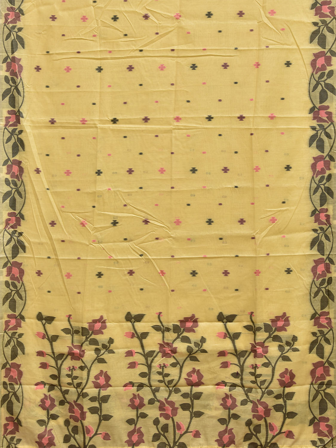 Yellow Dhakai Jamdani Cotton Viscose Saree with Floral Pallu and Border Design dj0261