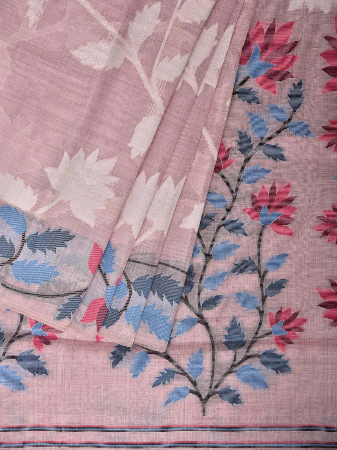 Light Pink Dhakai Jamdani Cotton Viscose Saree with All Over Floral Design dj0262