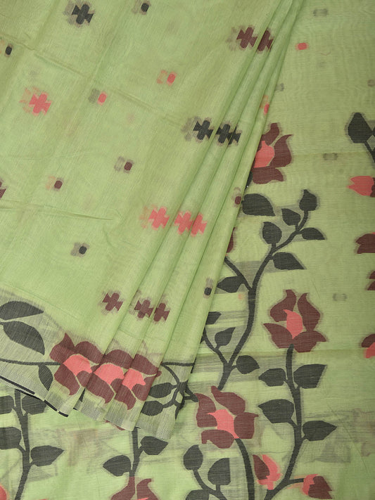 Light Green Dhakai Jamdani Cotton Viscose Saree with Floral Pallu and Border Design dj0265