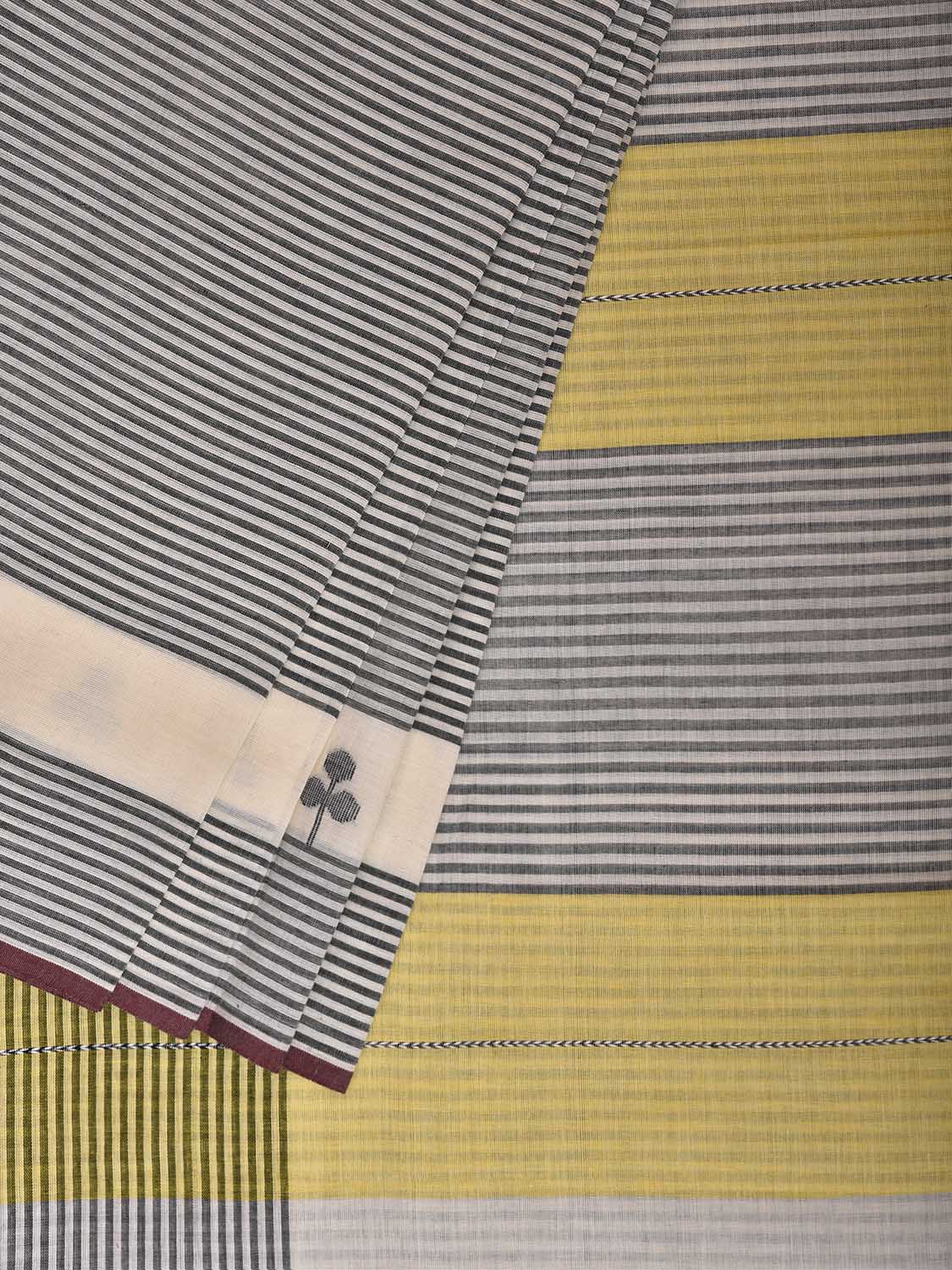 White and Yellow Dhakai Jamdani Cotton Saree with Strips Design dj0267