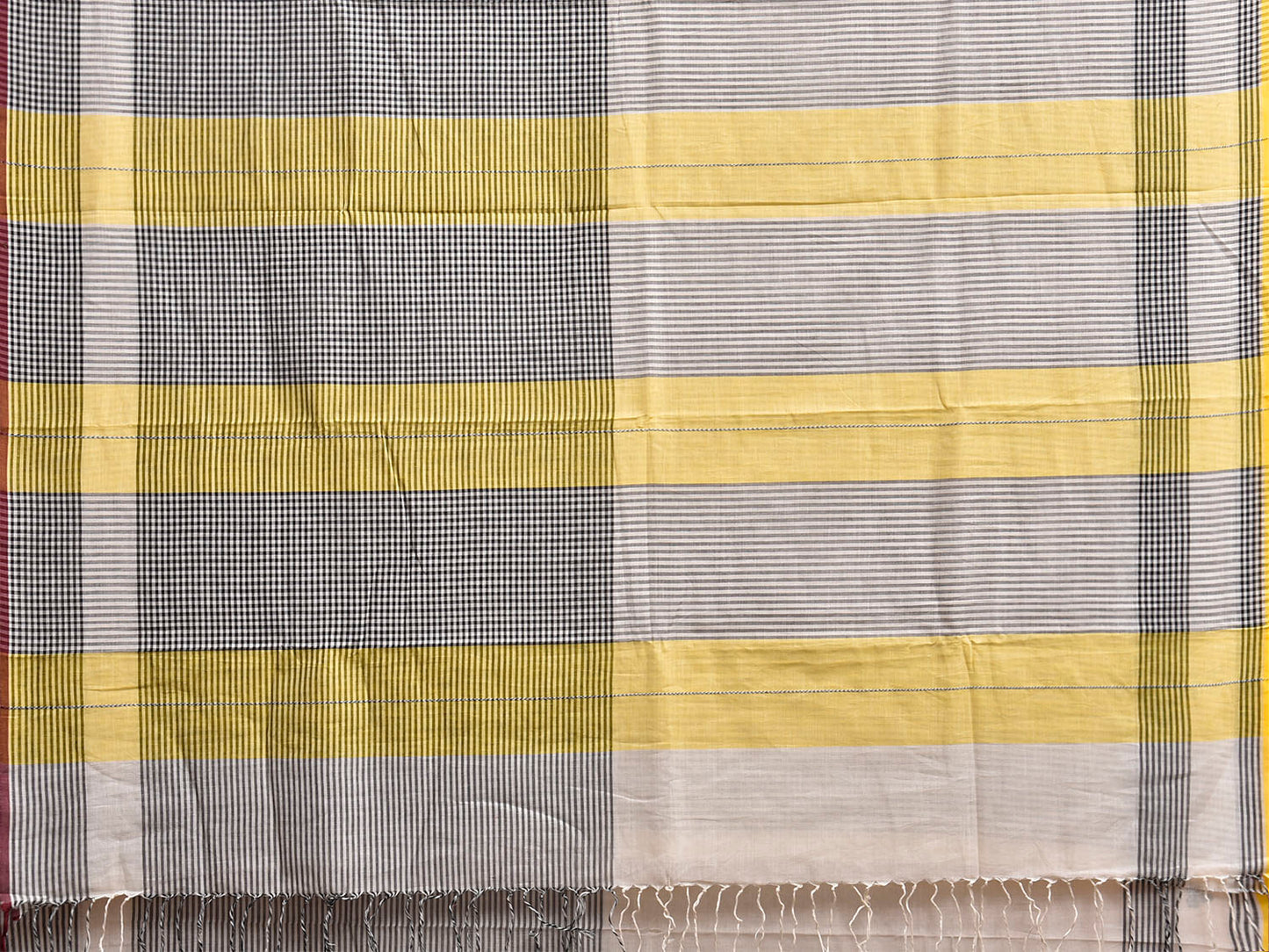 White and Yellow Dhakai Jamdani Cotton Saree with Strips Design dj0267
