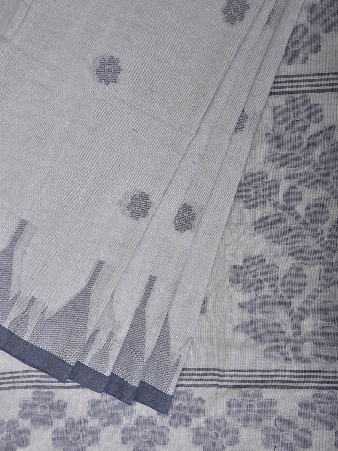 Light Blue Dhakai Jamdani Cotton Saree with Temple Border and Floral Pallu Design No Blouse dj0268