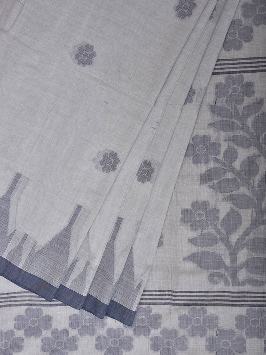 Light Blue Dhakai Jamdani Cotton Saree with Temple Border and Floral Pallu Design No Blouse dj0268