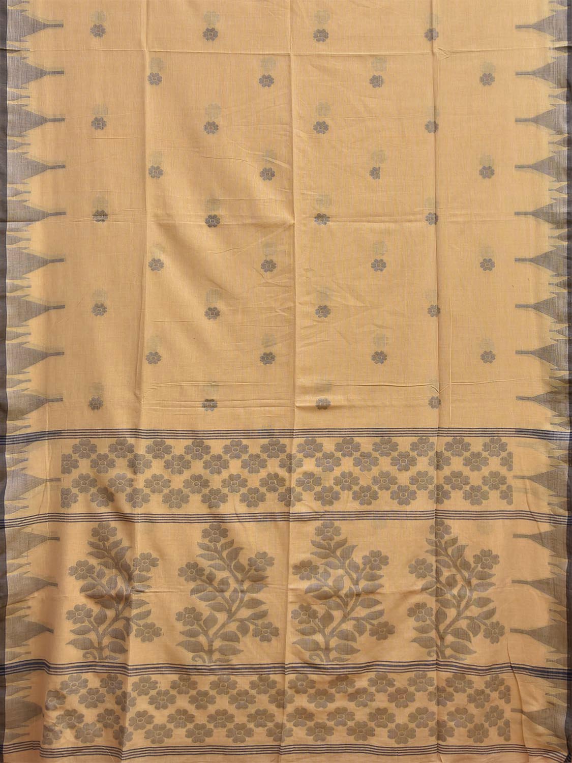 Cream Dhakai Jamdani Cotton Saree with Temple Border and Floral Pallu Design No Blouse dj0269
