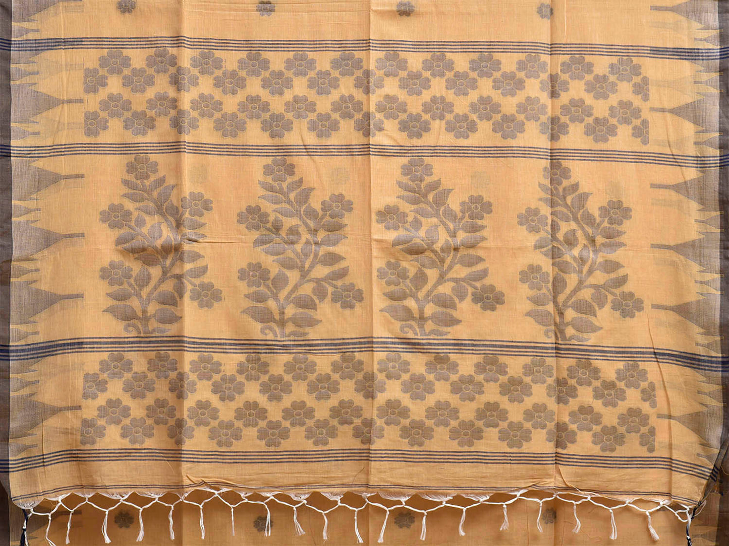 Cream Dhakai Jamdani Cotton Saree with Temple Border and Floral Pallu Design No Blouse dj0269