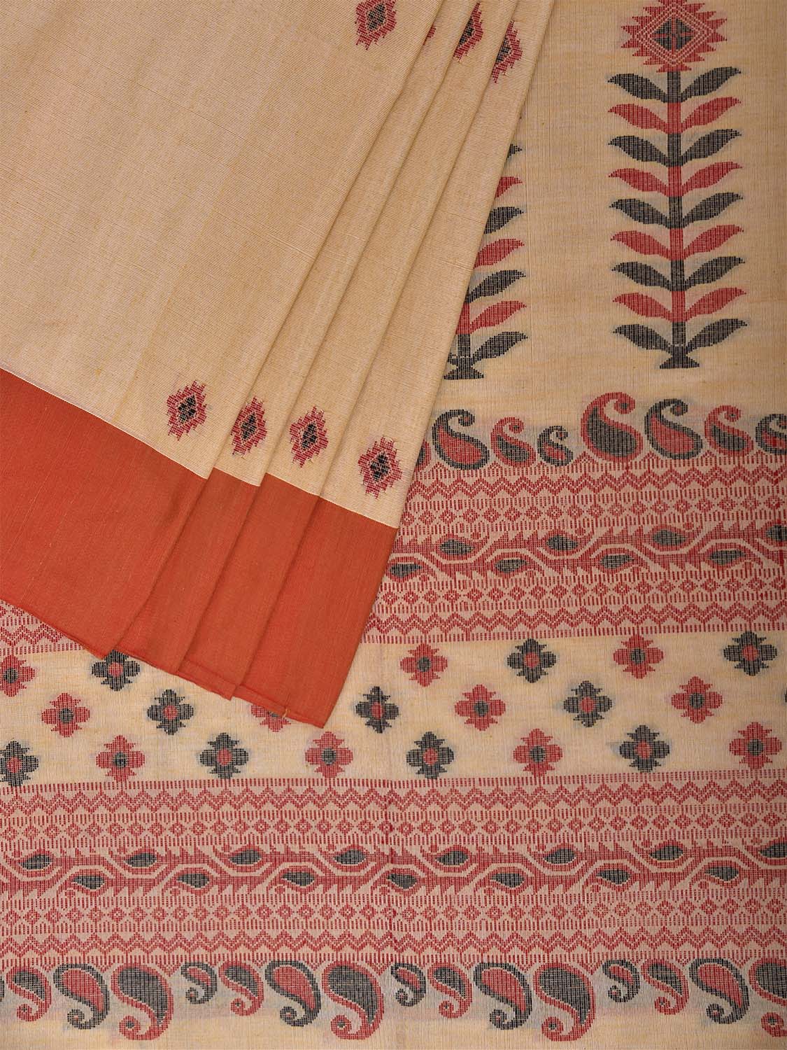 Cream and Orange Dhakai Jamdani Cotton Saree with Assam Pallu Design No Blouse dj0270