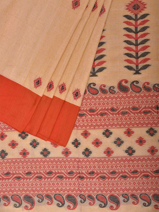 Cream and Orange Dhakai Jamdani Cotton Saree with Assam Pallu Design No Blouse dj0270