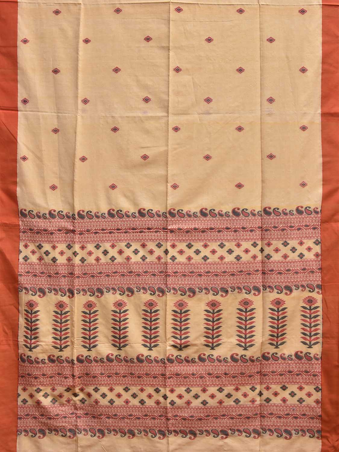 Cream and Orange Dhakai Jamdani Cotton Saree with Assam Pallu Design No Blouse dj0270