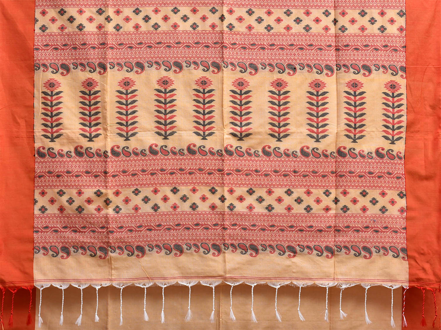 Cream and Orange Dhakai Jamdani Cotton Saree with Assam Pallu Design No Blouse dj0270