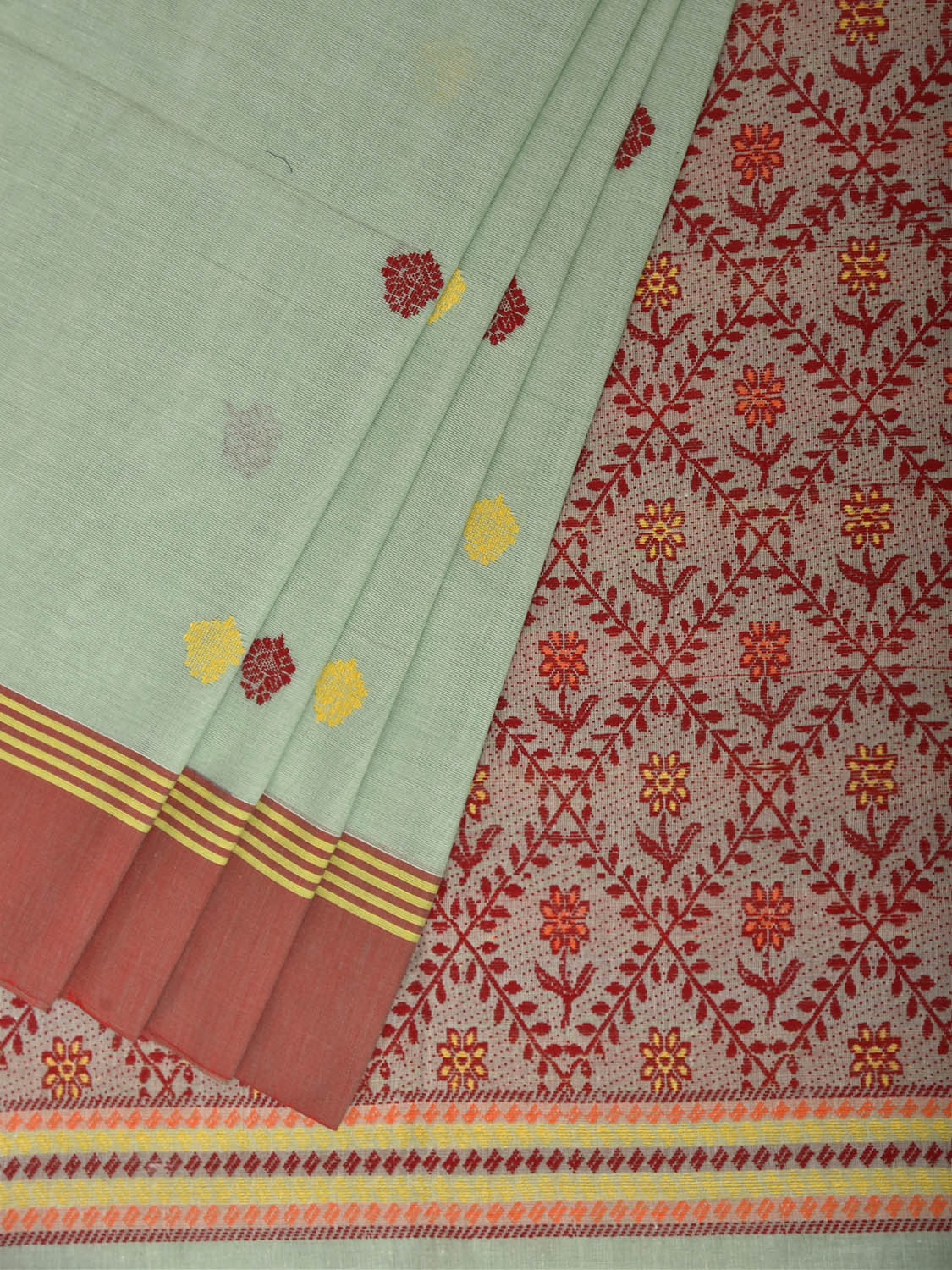 Sea Green and Red Dhakai Jamdani Cotton Saree with Assam Pallu Design No Blouse dj0271