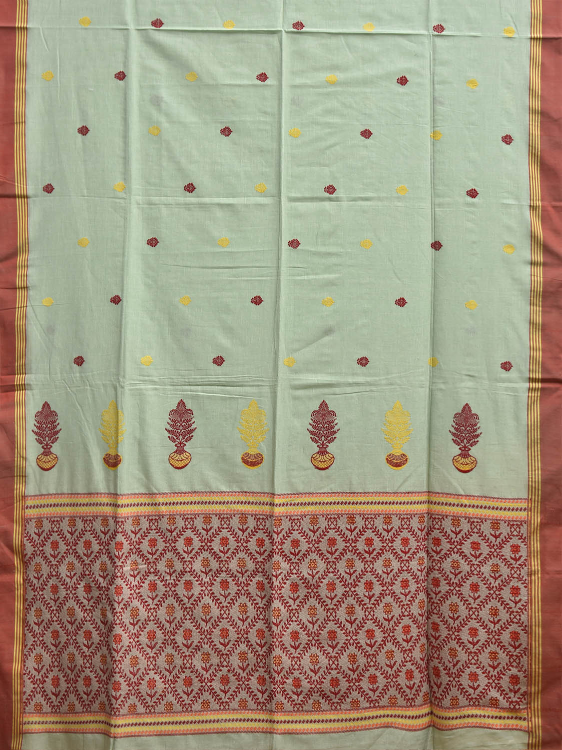 Sea Green and Red Dhakai Jamdani Cotton Saree with Assam Pallu Design No Blouse dj0271