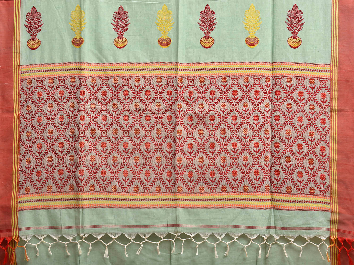 Sea Green and Red Dhakai Jamdani Cotton Saree with Assam Pallu Design No Blouse dj0271