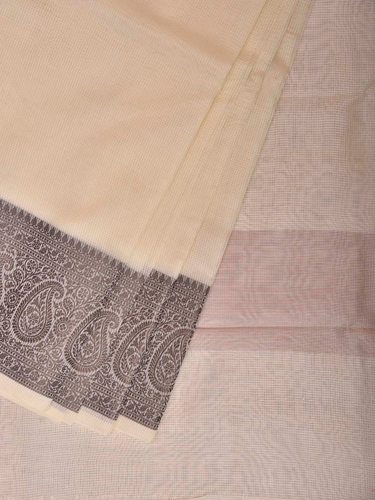 White and Grey Dhakai Jamdani Cotton Viscose Kota Saree with Pasley Border Design dj0273