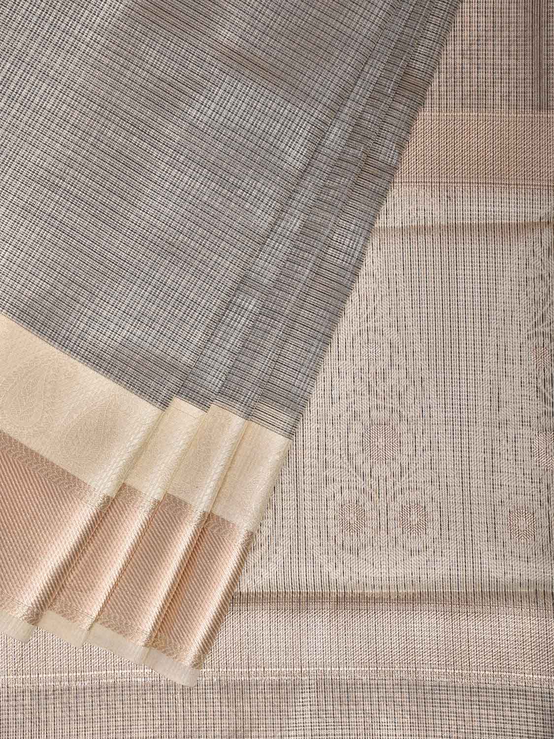 Grey and Cream Dhakai Jamdani Cotton Kota Tissue Saree with Mango Pallu Design dj0274