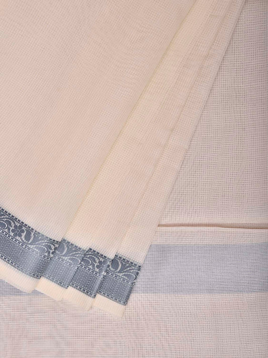 White and Grey Dhakai Jamdani Cotton Viscose Kota Saree with Small Border Design dj0276