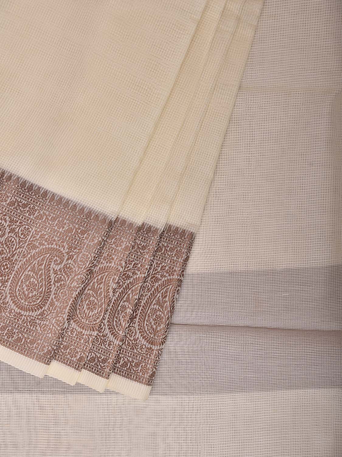 White and Light Brown Dhakai Jamdani Cotton Viscose Kota Saree with Pasley Border Design dj0277