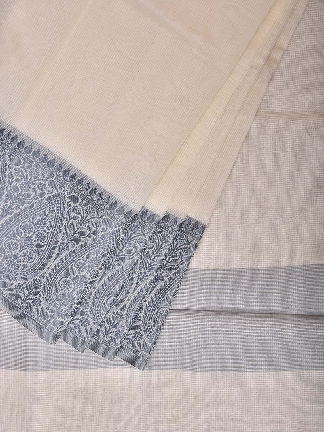 White and Grey Dhakai Jamdani Cotton Viscose Kota Saree with Border Design dj0278