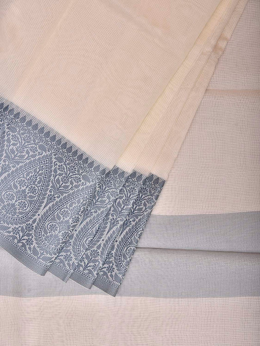 White and Grey Dhakai Jamdani Cotton Viscose Kota Saree with Border Design dj0278