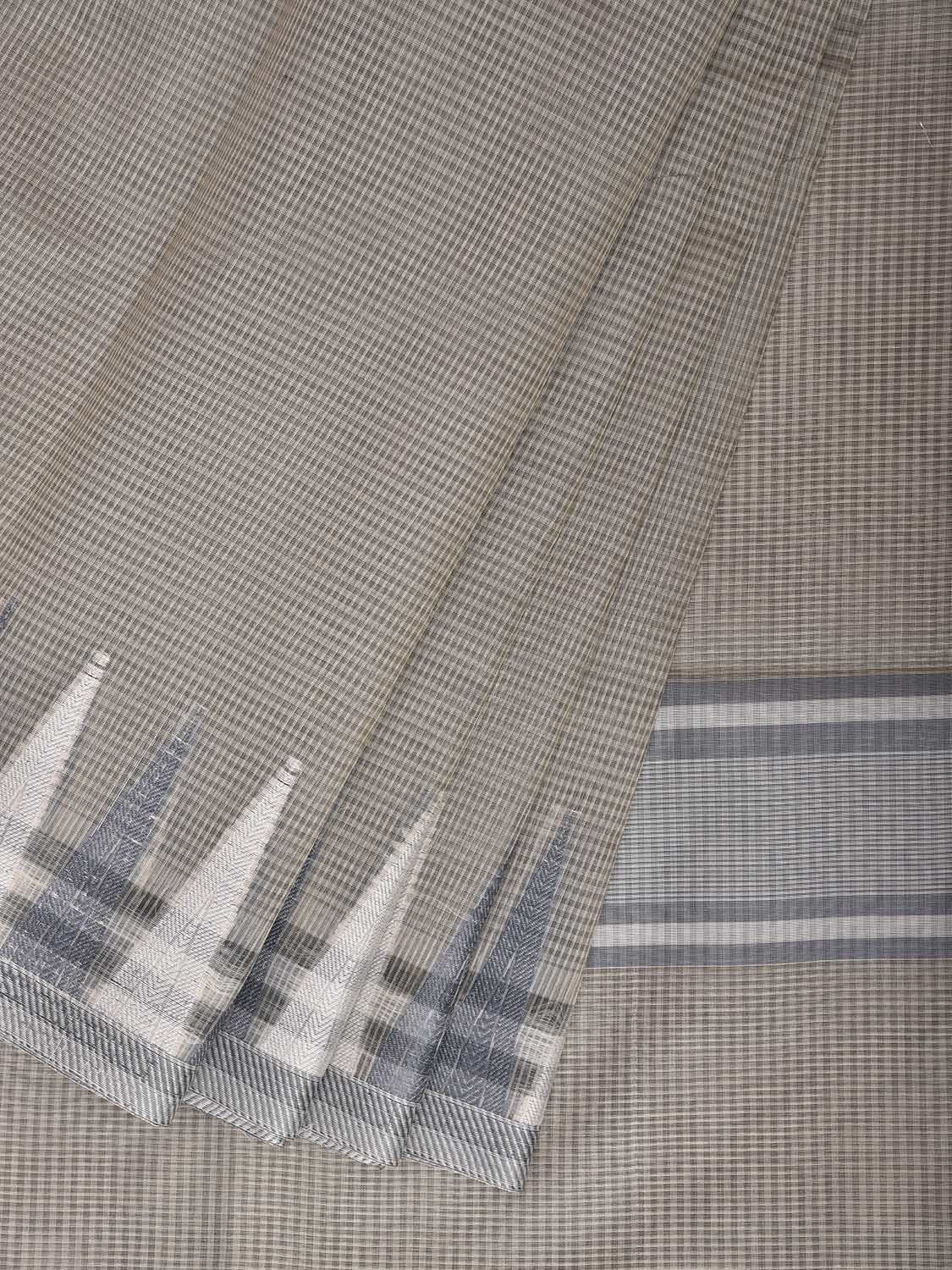 Light Brown and White Dhakai Jamdani Cotton Viscose Kota Saree with Small Checks and Temple Border Design dj0279