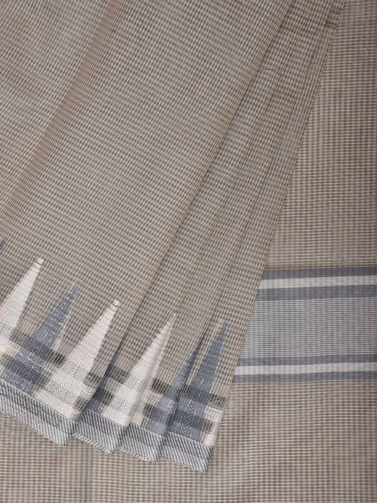 Light Brown and White Dhakai Jamdani Cotton Viscose Kota Saree with Small Checks and Temple Border Design dj0279