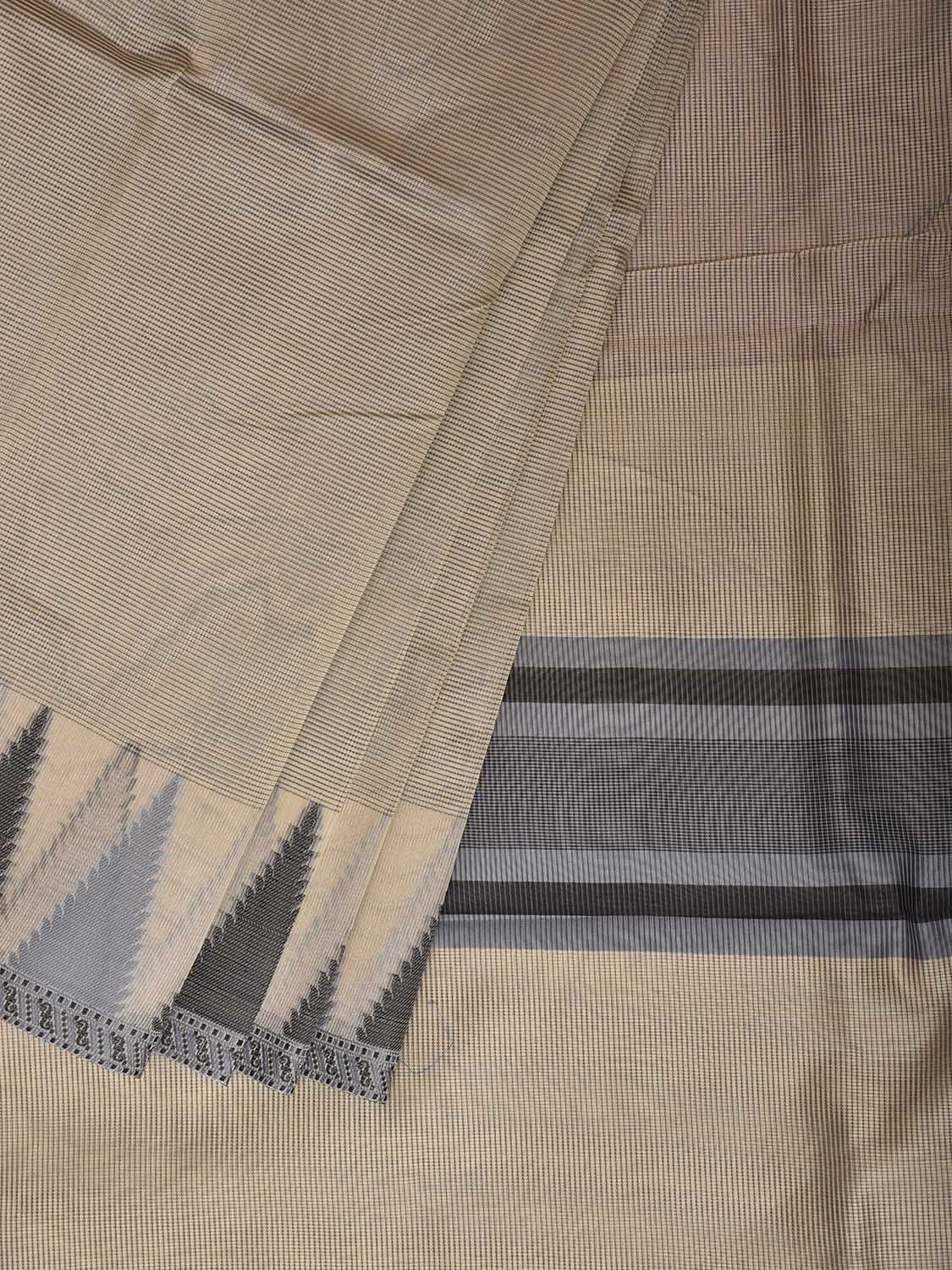 Cream and Grey Dhakai Jamdani Cotton Viscose Kota Saree with Small Checks and Temple Border Design dj0280