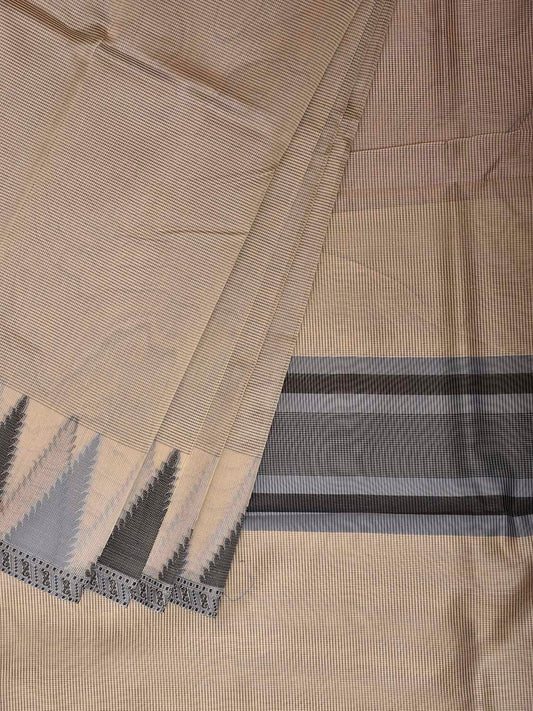Cream and Grey Dhakai Jamdani Cotton Viscose Kota Saree with Small Checks and Temple Border Design dj0280
