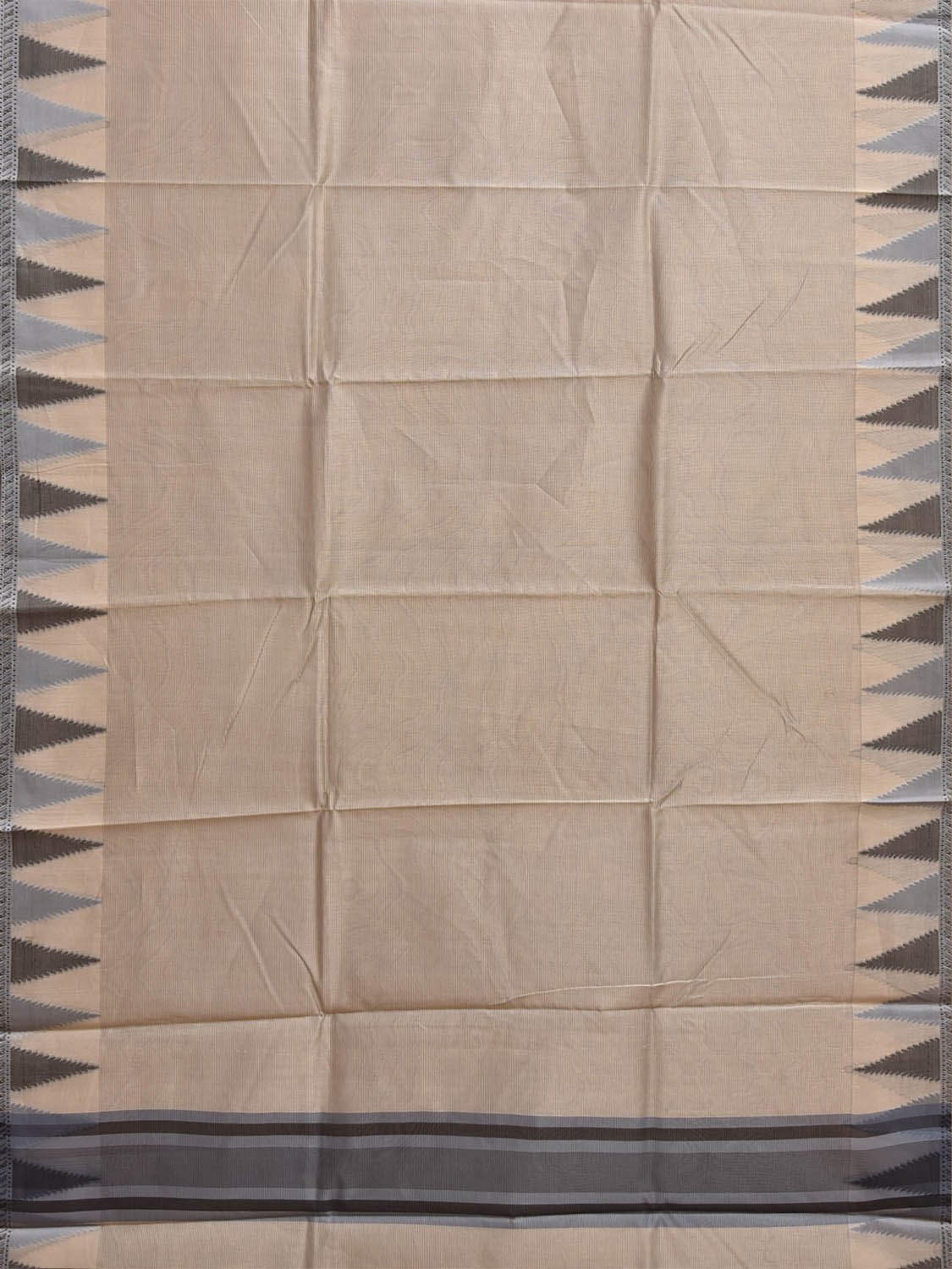 Cream and Grey Dhakai Jamdani Cotton Viscose Kota Saree with Small Checks and Temple Border Design dj0280