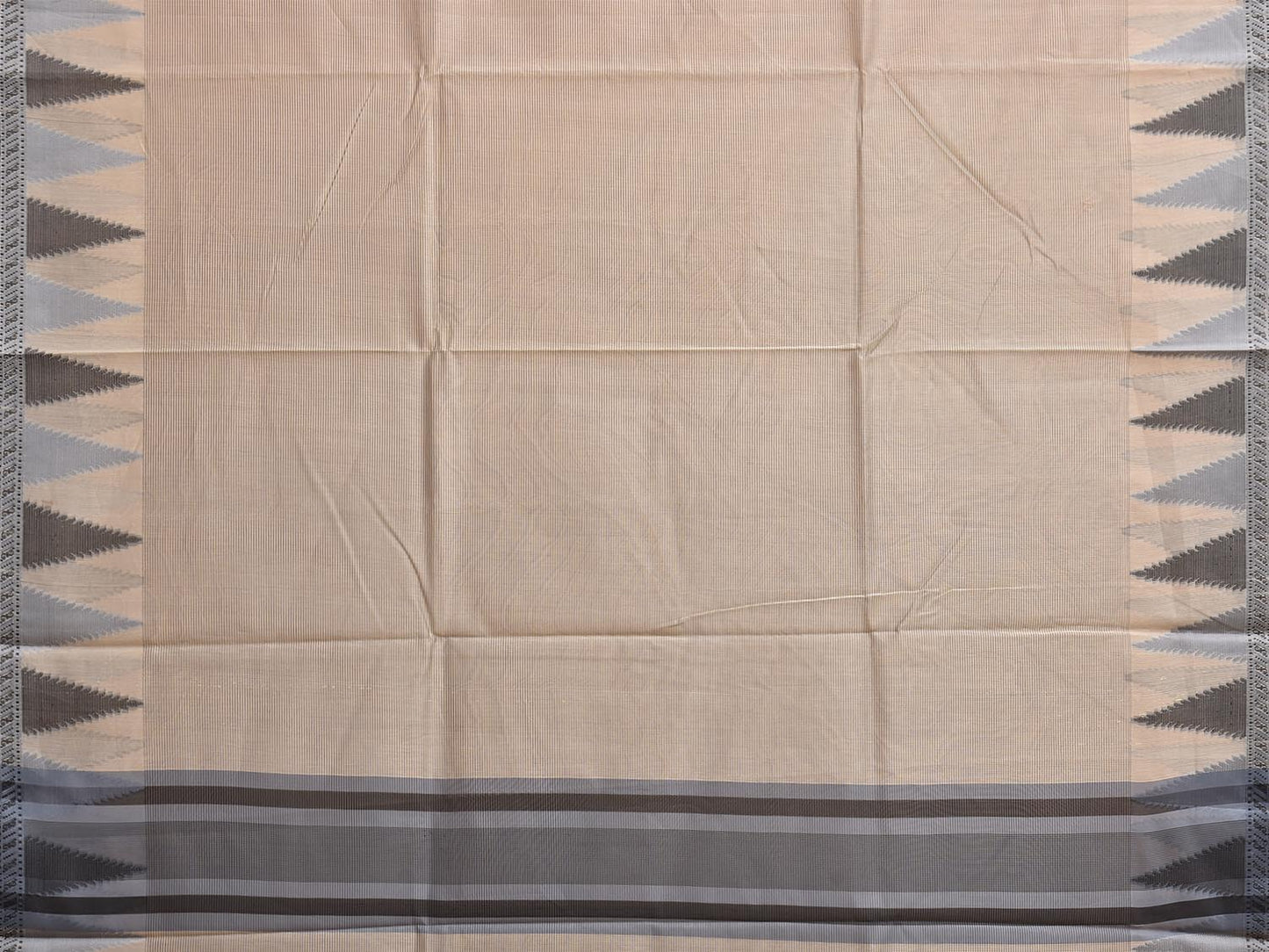 Cream and Grey Dhakai Jamdani Cotton Viscose Kota Saree with Small Checks and Temple Border Design dj0280