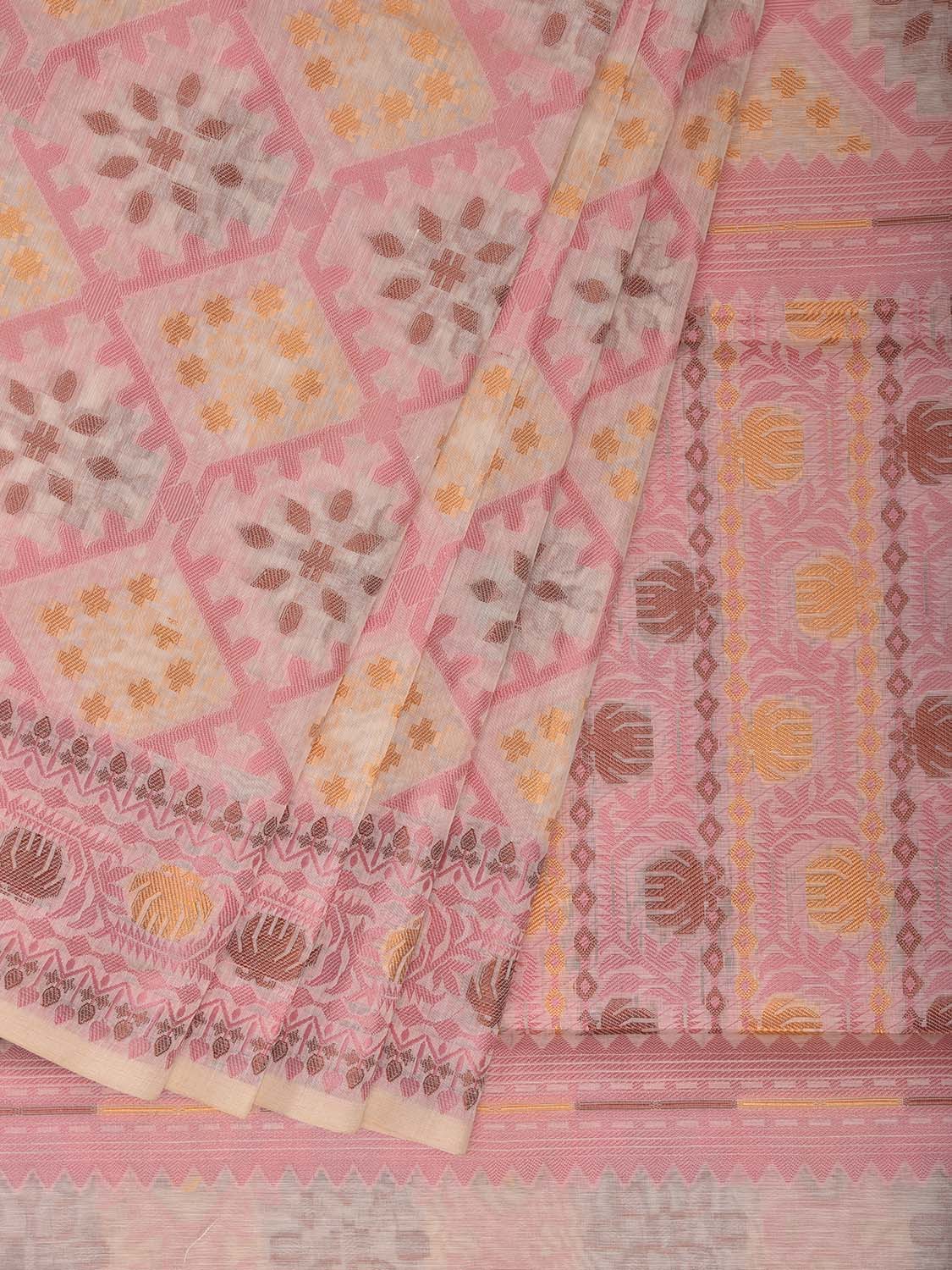 Cream and Baby Pink Dhakai Jamdani Cotton Viscose Saree with Grill and Pallu Design dj0285