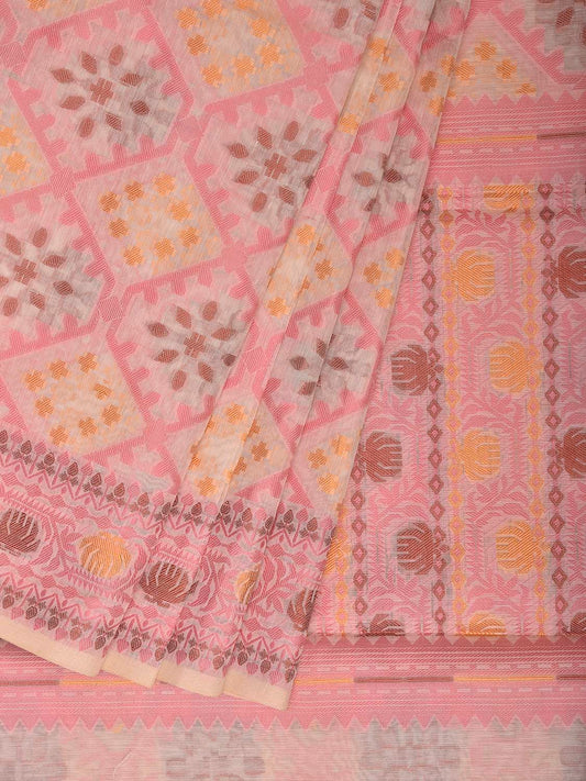 Cream and Baby Pink Dhakai Jamdani Cotton Viscose Saree with Grill and Pallu Design dj0285