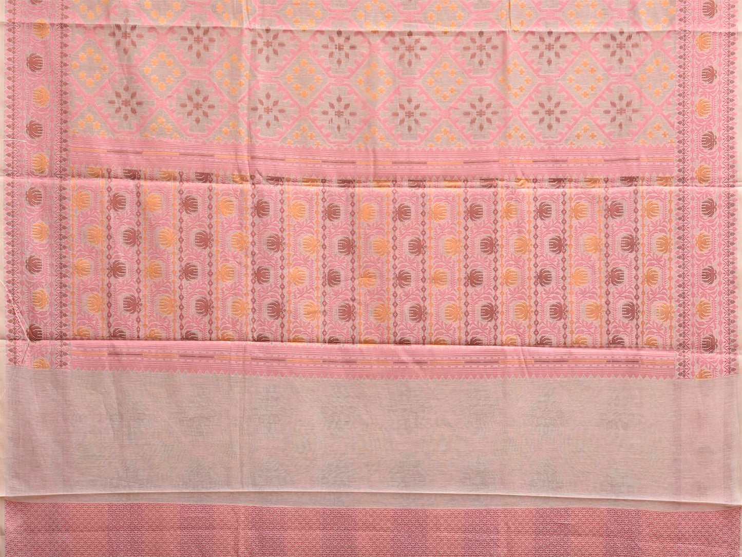 Cream and Baby Pink Dhakai Jamdani Cotton Viscose Saree with Grill and Pallu Design dj0285