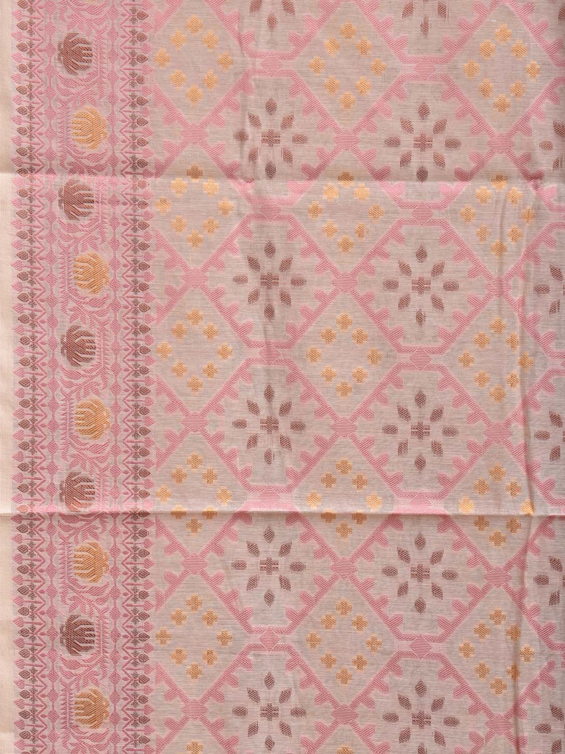 Cream and Baby Pink Dhakai Jamdani Cotton Viscose Saree with Grill and Pallu Design dj0285