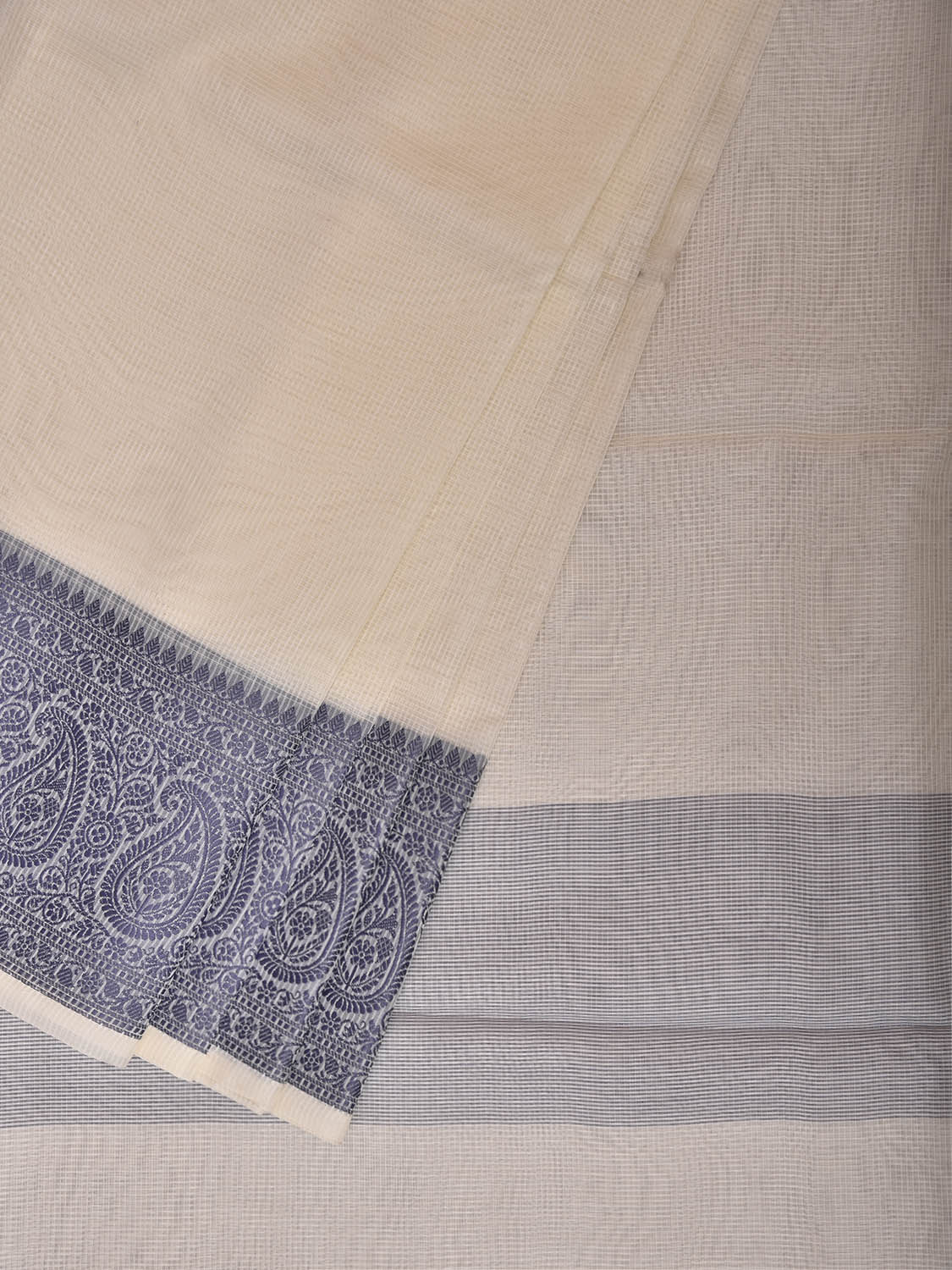 White and Blue Dhakai Jamdani Cotton Viscose Kota Saree with Pasley Border Design dj0286